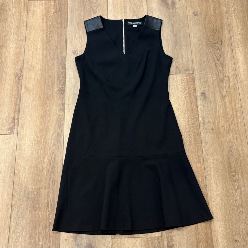 🌟KARL LAGERFELD🌟 SLEEVELESS FAUX LEATHER V NECK TRUMPET DRESS BLACK SZ 10